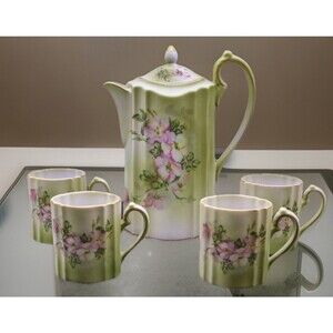 Nippon Hand-Painted Pink Floral Roses  Chocolate Coffee Pot W/ Lid + 4 Cups